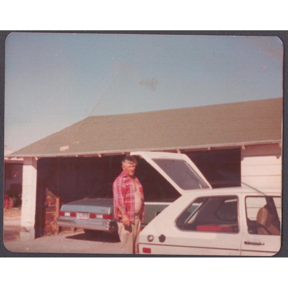 Vtg 1980s Color Snapshot Man Plaid Shirt VW Rabbit Sedan Driveway Photo